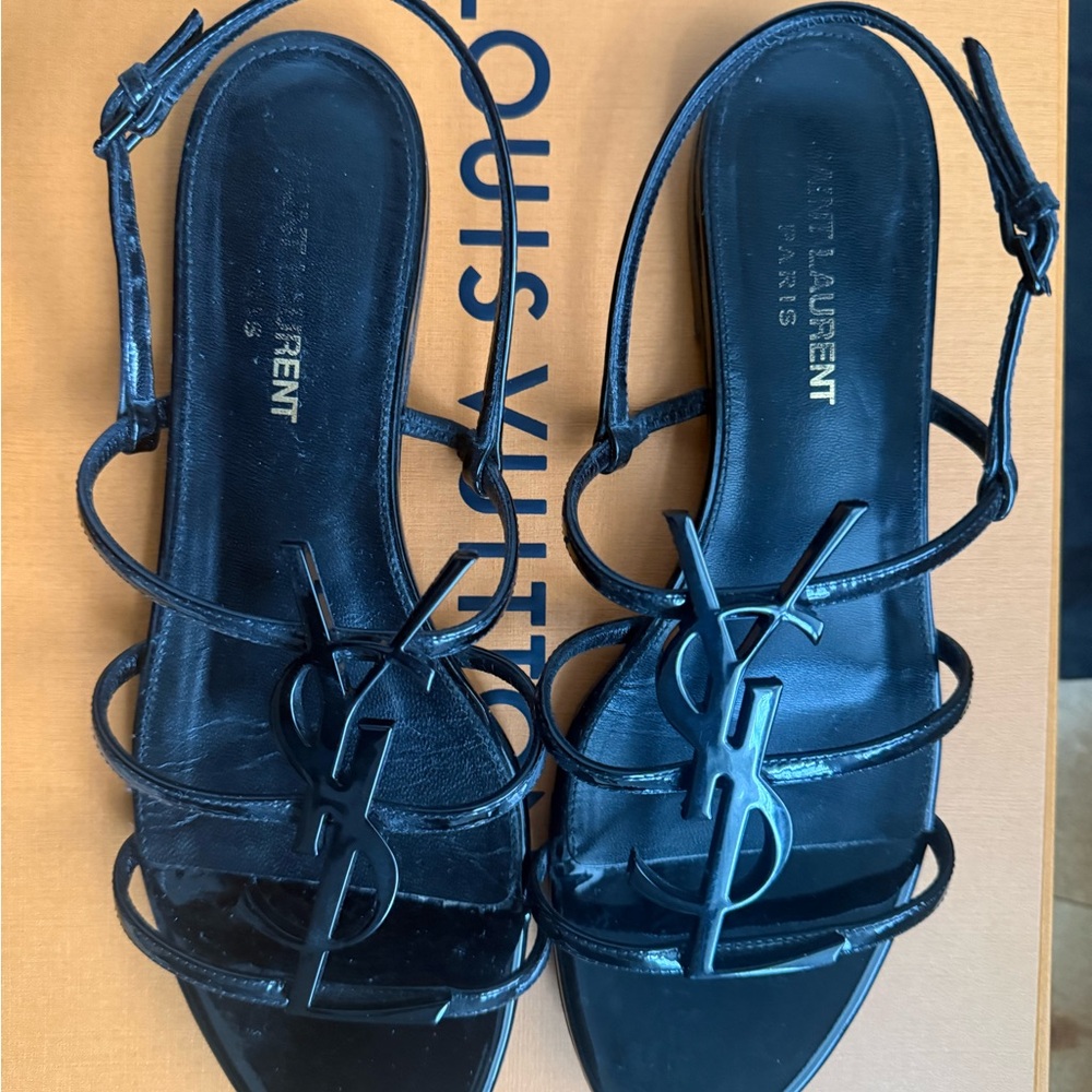 Saint Laurent Cassandra Black Patent Logo Strappy Sandals size 37